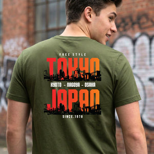 Tokyo Japan Streetwear Tee with neon skyline and Mount Fuji on model