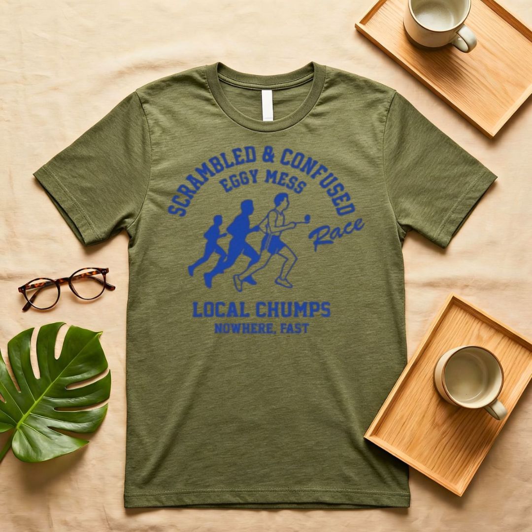 Eggy Mess Funny Breakfast Graphic T-Shirt on Model