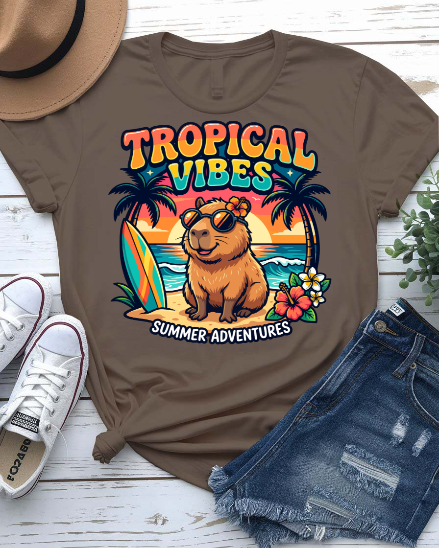 Tropical vibes summer tee monstera and palm leaves graphic
