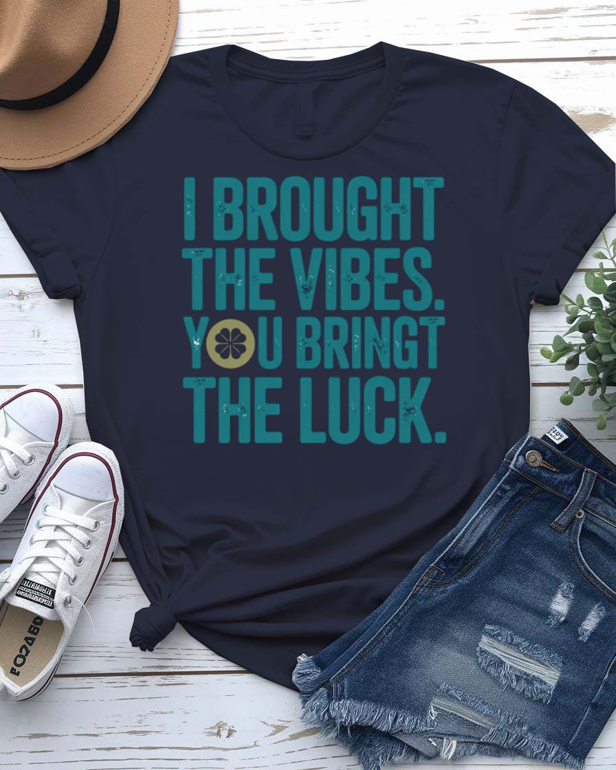 I Brought The Vibes St. Patrick's Day Tee with radiating pint glass on model