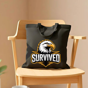 Minimalist 'Survived' text tote bag on natural canvas