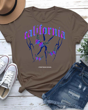 California Streetwear Urban Style Tee with bear and palm trees on model