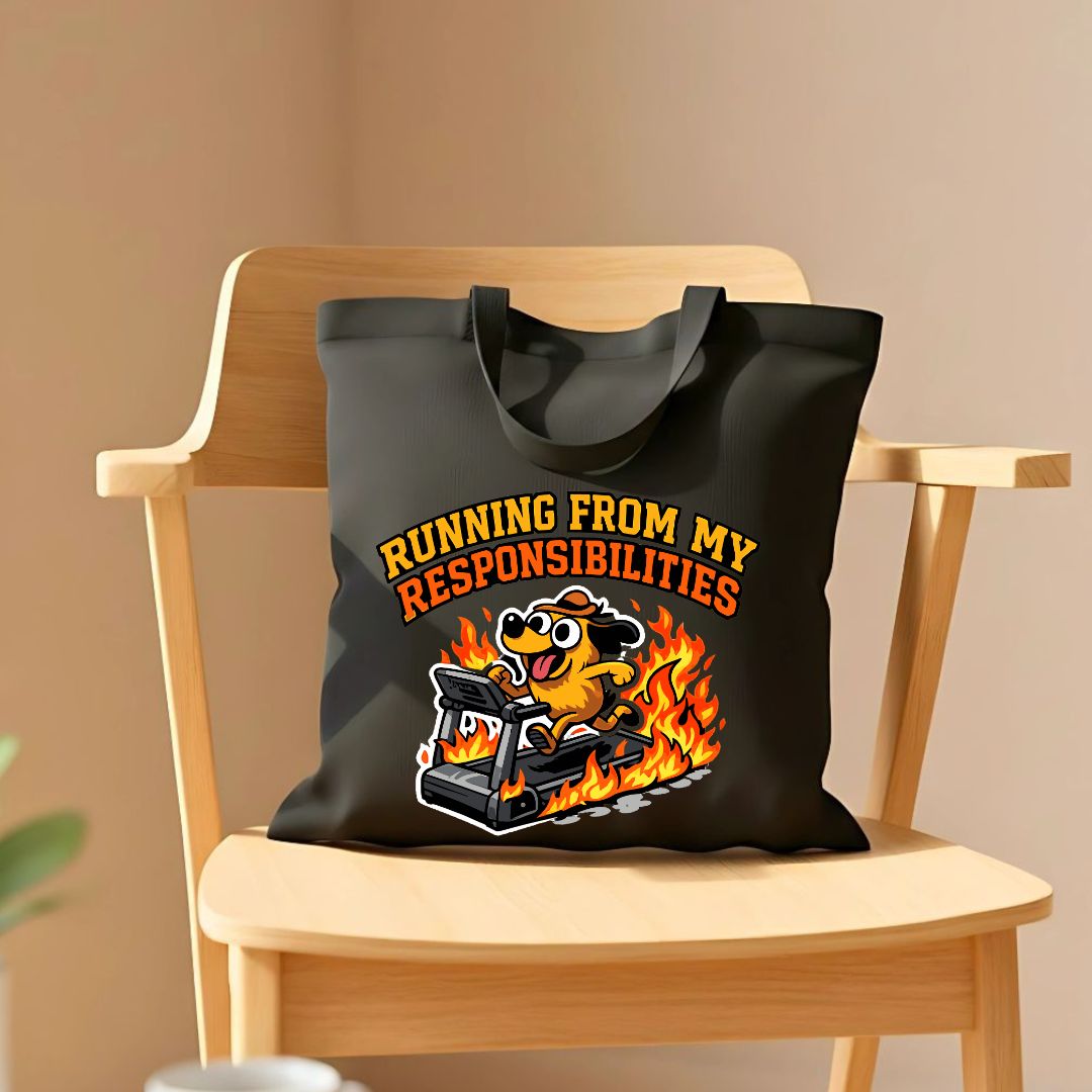 Funny "Running From My Responsibilities" quote tote bag on canvas