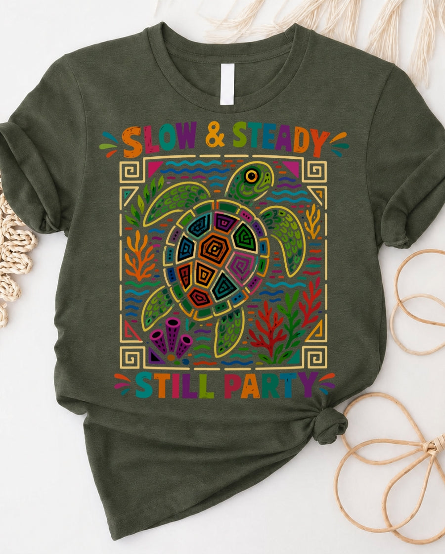 Slow and steady t-shirt with determined turtle crossing finish line design