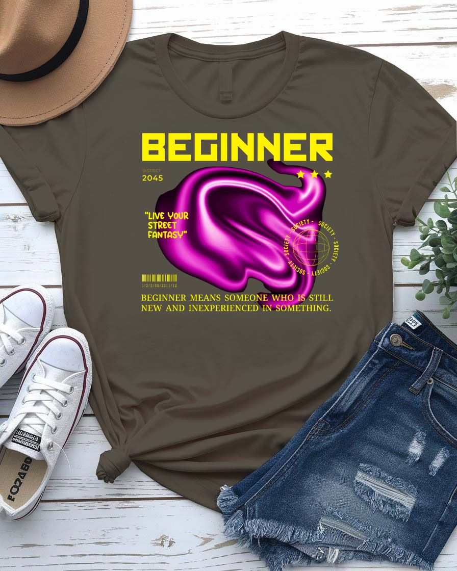 Beginner Streetwear Tee with minimalist training wheel graphic on model
