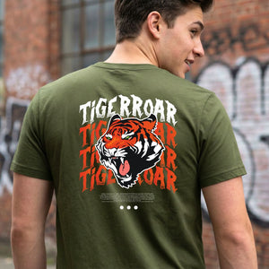 Tiger Roar Streetwear Tee with visible sound waves from roaring tiger on model