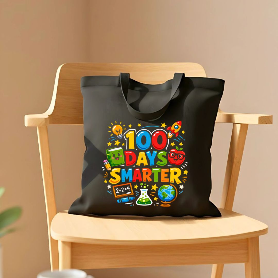 Colorful "100 Days of School" celebration tote bag on natural canvas