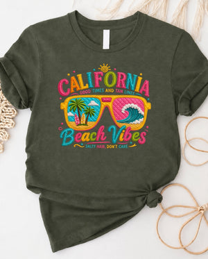 California beach vibes t-shirt with retro camper van graphic