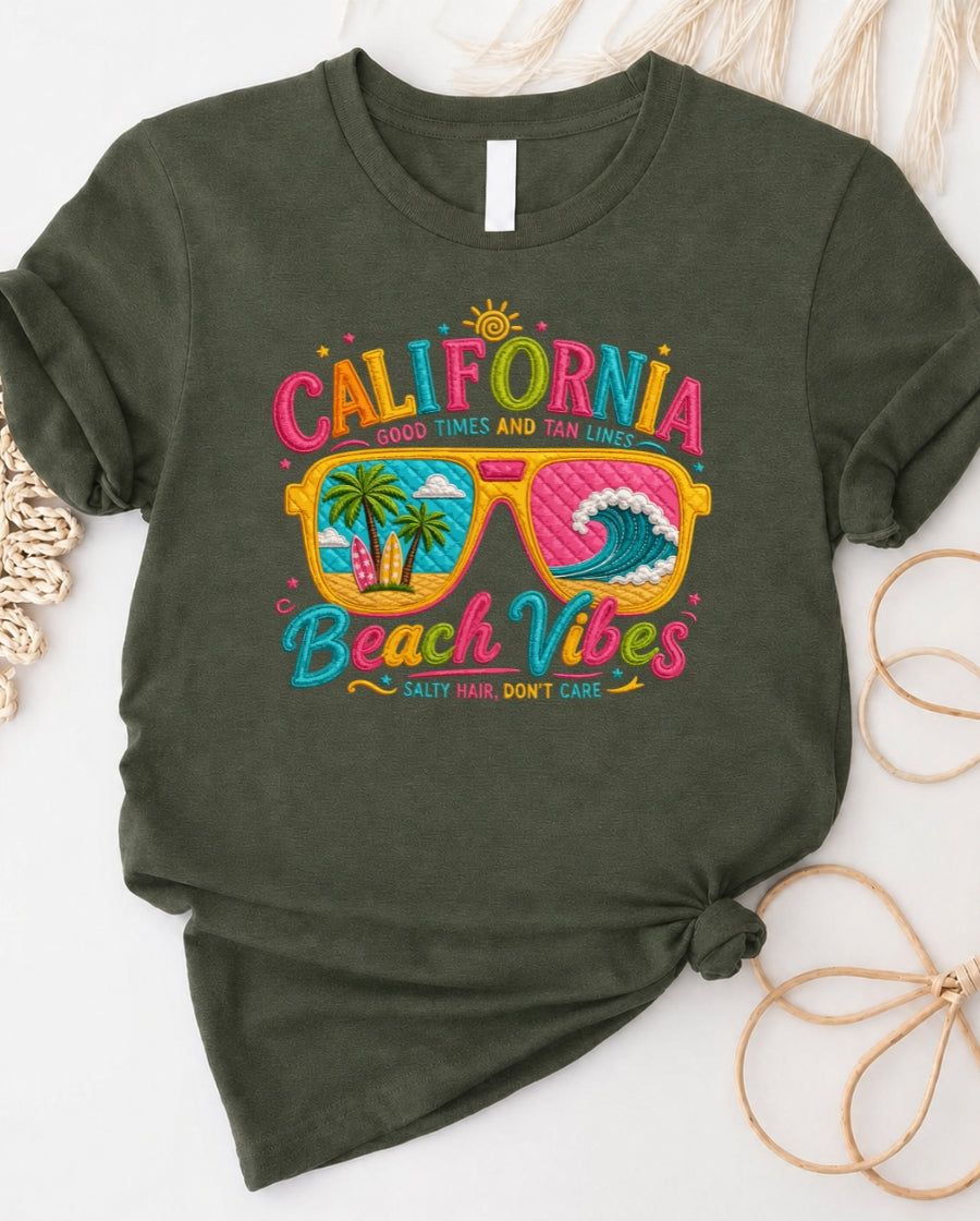 California beach vibes t-shirt with retro camper van graphic