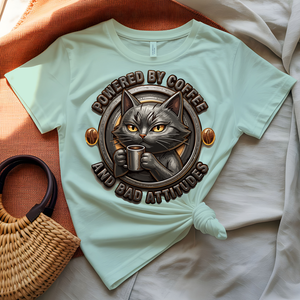 Powered by Coffee and Bad Attitude tee with bold typography