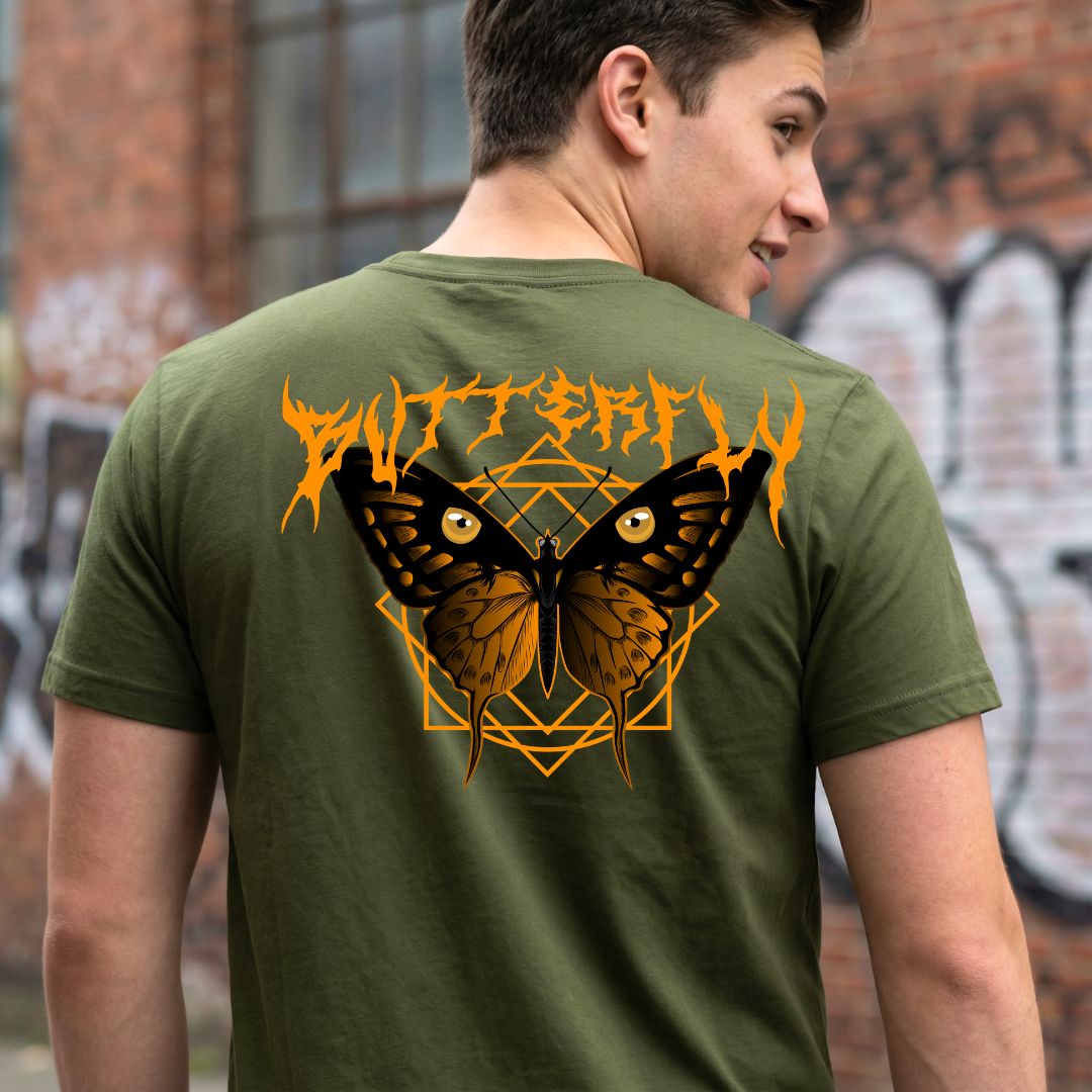 Butterfly Streetwear Tee with geometric monarch emergence on model