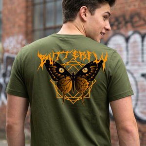 Butterfly Streetwear Tee with geometric monarch emergence on model