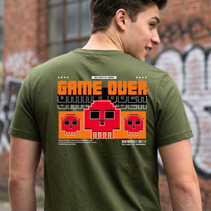 Game Over Gamers Tee with pixelated retro screen on model