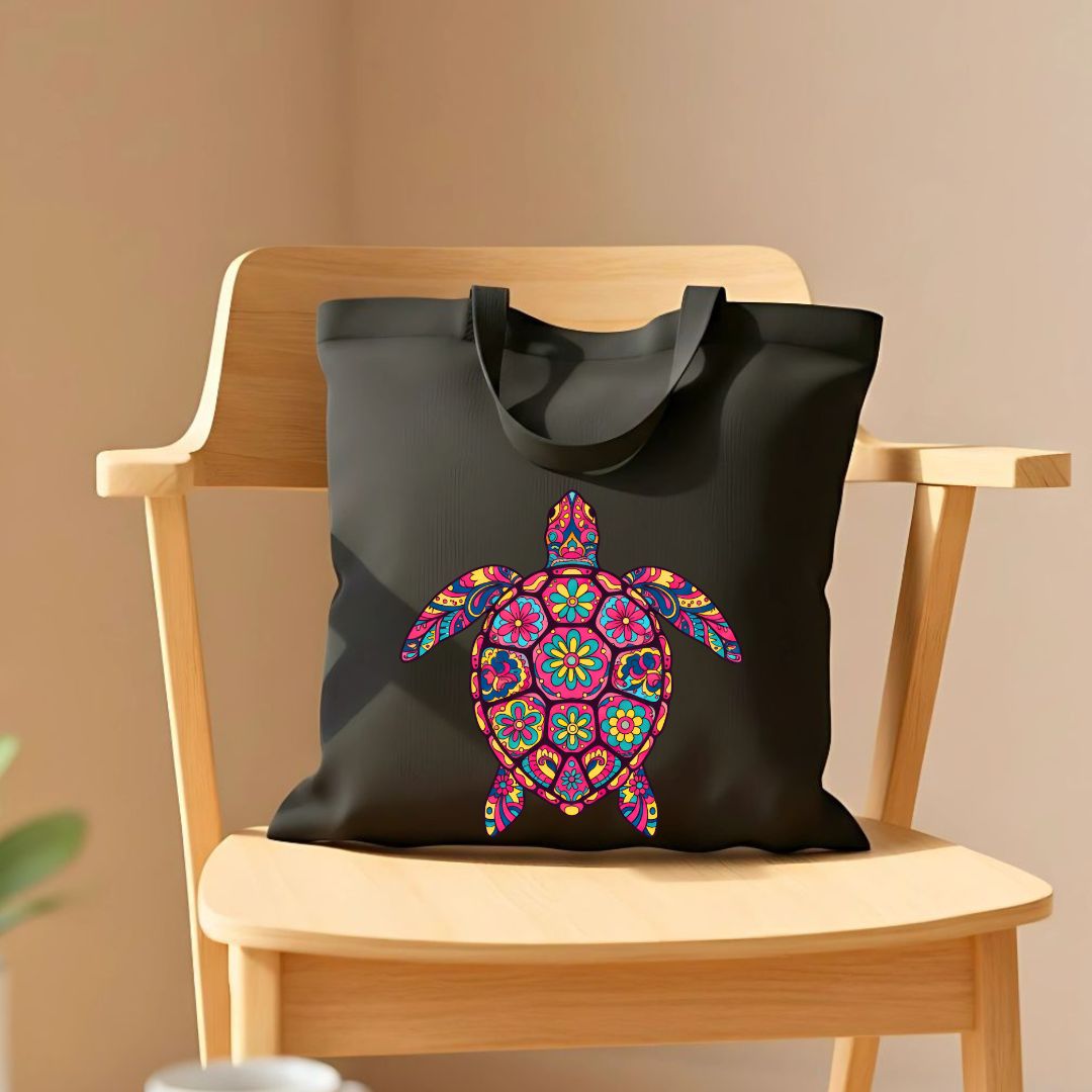 Vibrant Colorful Sea Turtle Art on Cotton Canvas Tote Bag