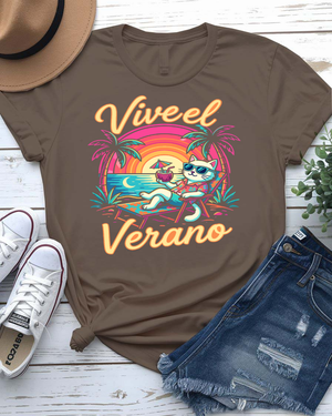 Vive el verano summer tee bold Spanish typography with sun