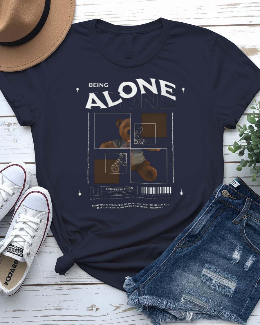 Being Alone Streetwear Tee with single figure sitting in stillness on model