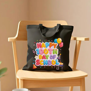 "Happy 100th Day of School" celebration tote bag on natural canvas