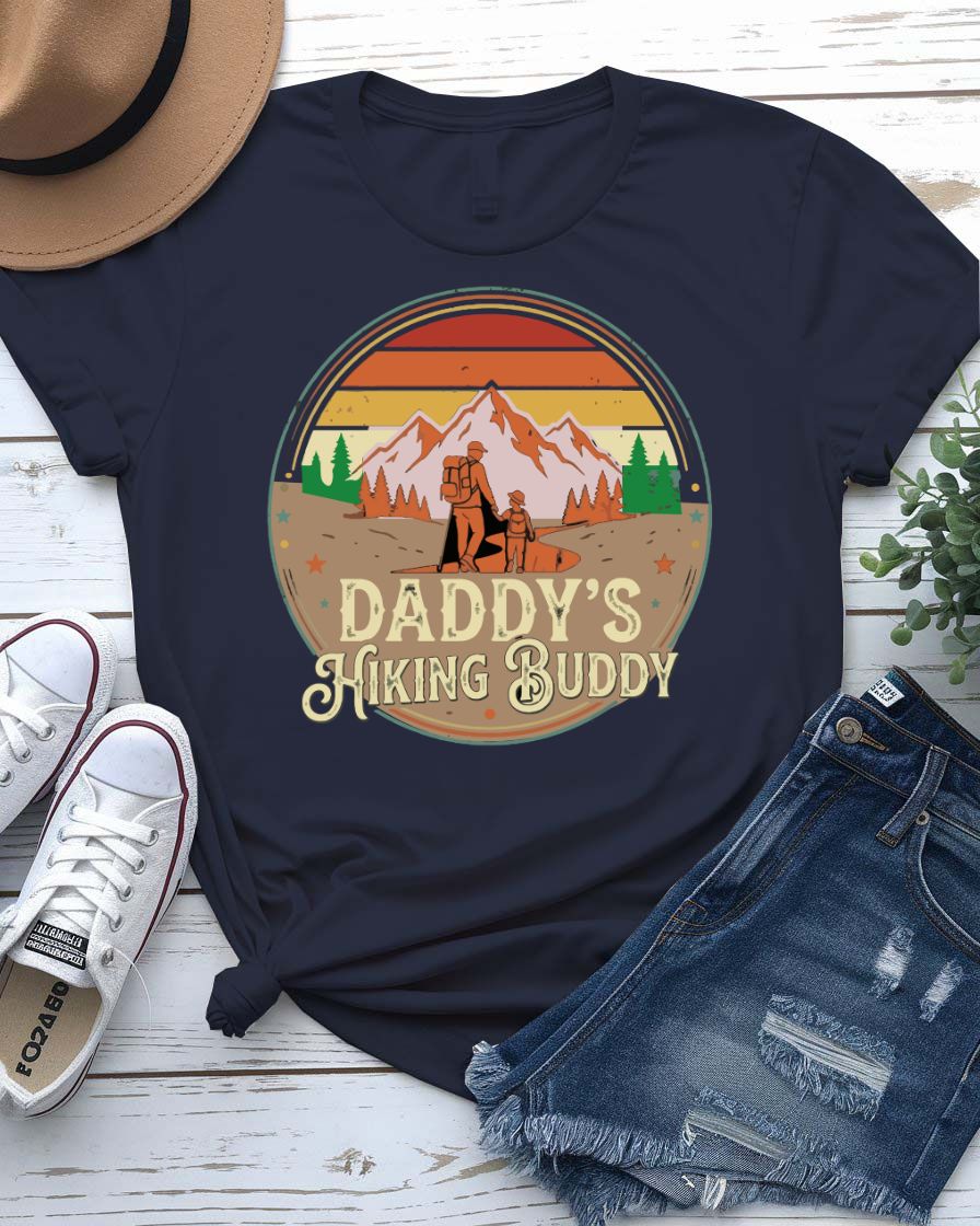Daddys hiking buddy tee dad and child holding hands mountain trail