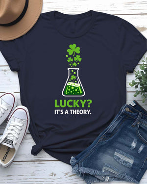 Lucky Its a Theory St. Patrick's Day Tee with scientific clover experiment on model