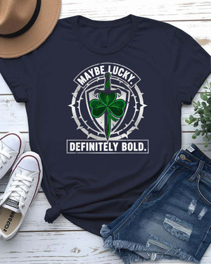 May Be Lucky St. Patrick's Day Tee with question mark clover on model