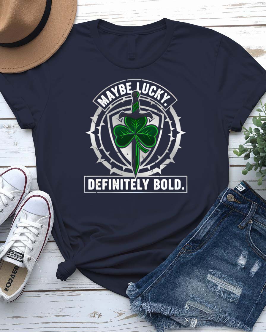 May Be Lucky St. Patrick's Day Tee with question mark clover on model