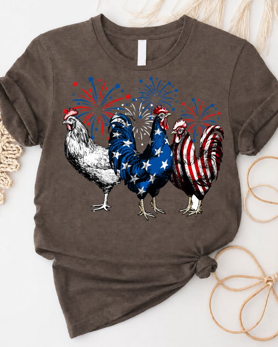 Red White and Blue Chicken 4th of July Tee with patriotic poultry design