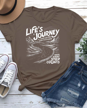 Life Is a Journey Streetwear Tee with winding mountain path on model