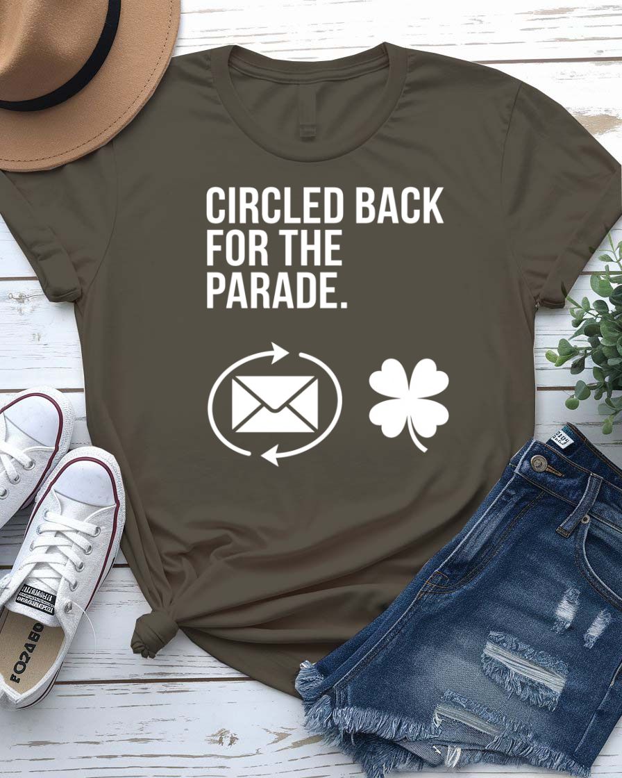 Circled Back For the Parade T-Shirt with meeting-to-float transformation on model