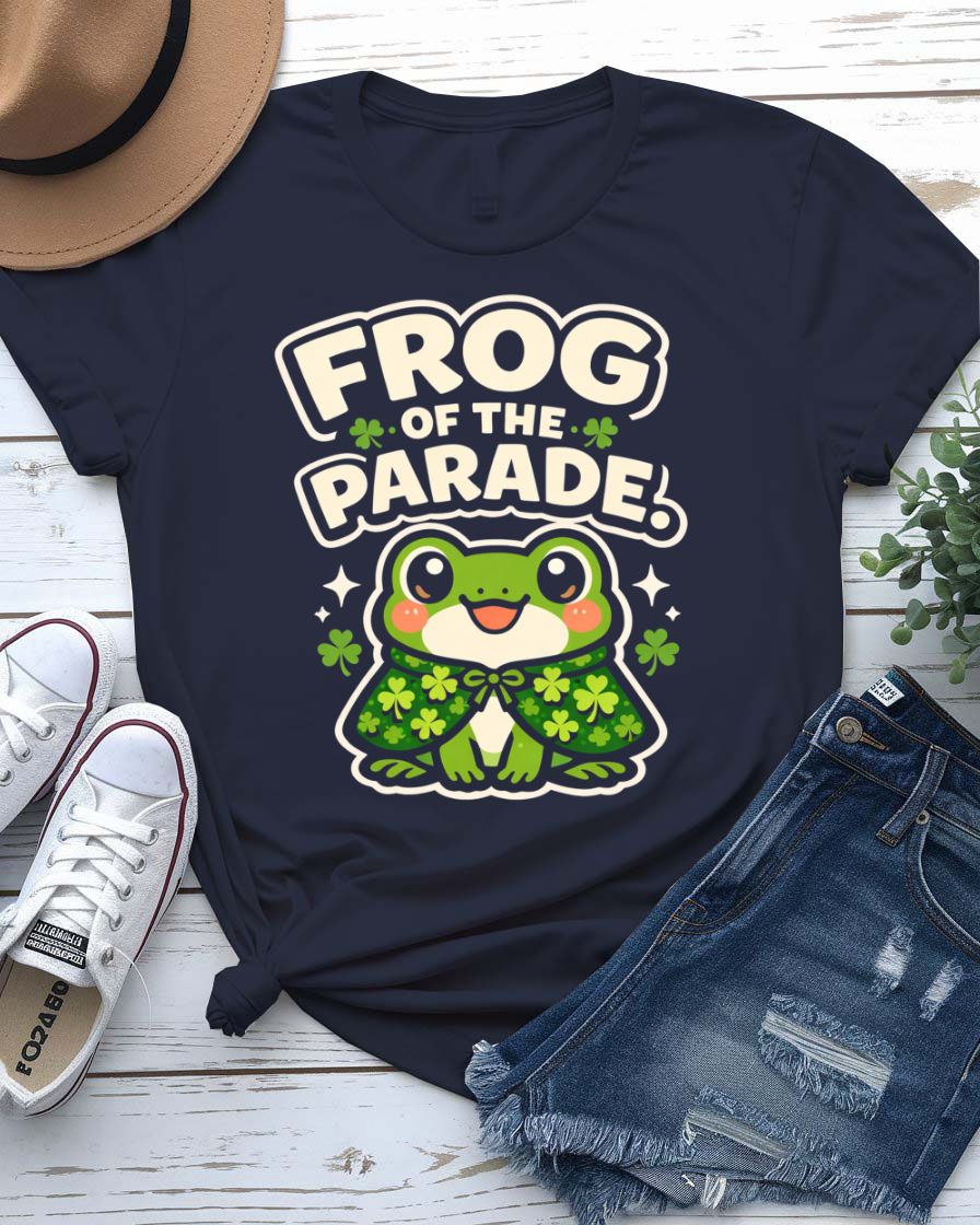 Frog of Parade St. Patrick's Day Tee with crowned frog on float on model