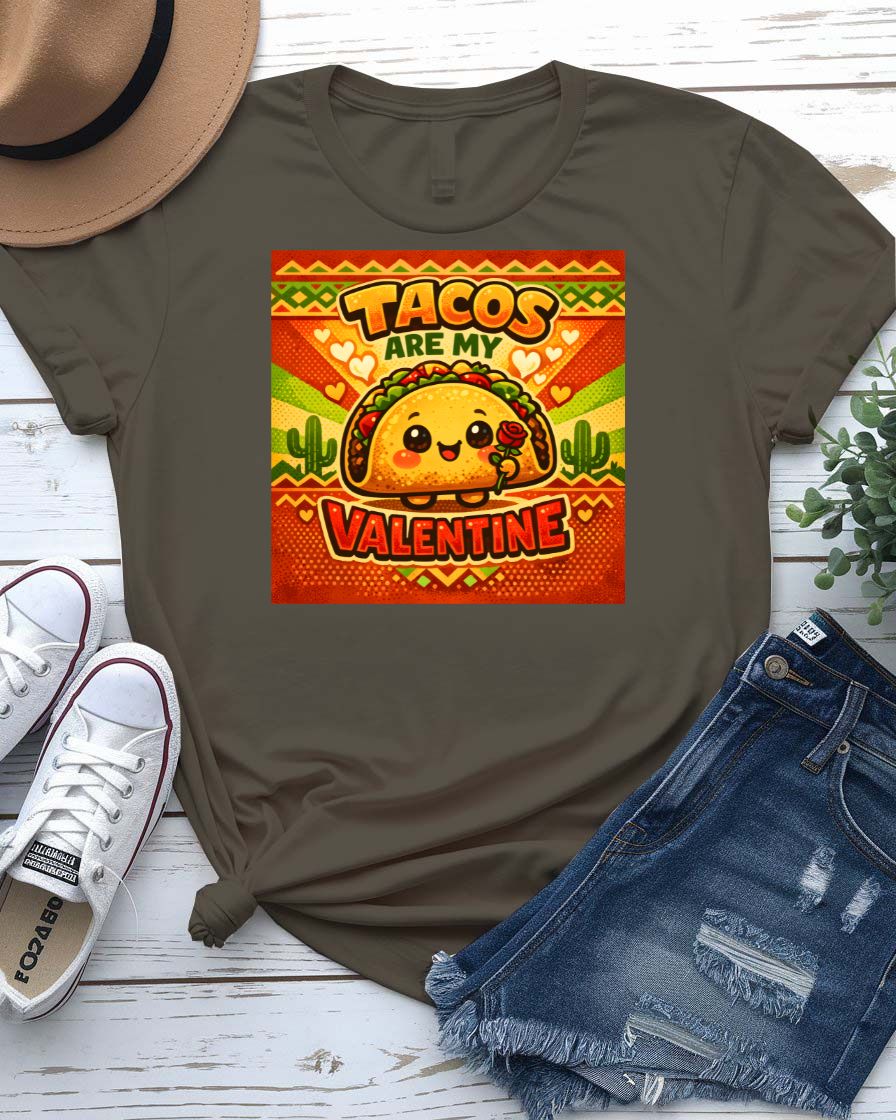 Tacos Are My Valentine t-shirt with cute smiling taco graphic