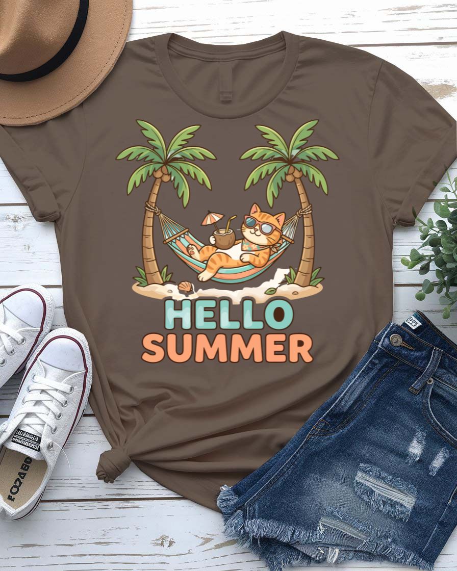 Hello cat summer tee waving kitty sunshine graphic