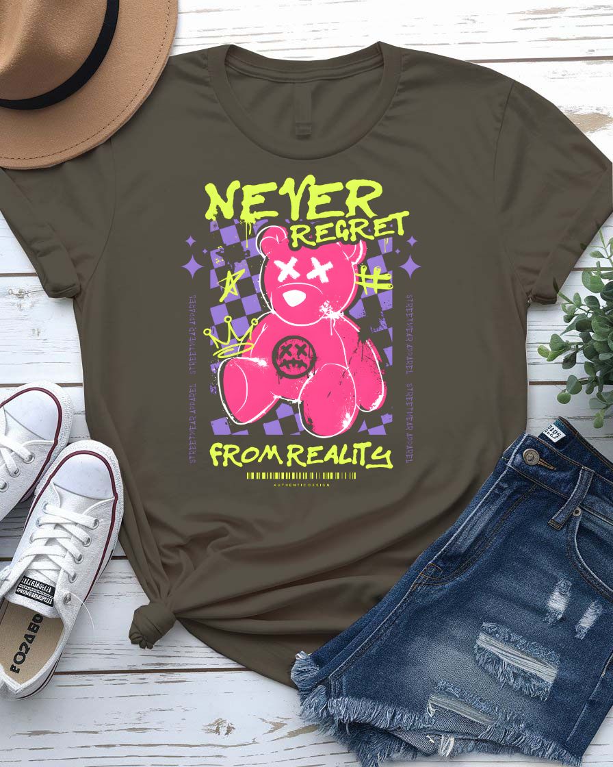 Never Regret Streetwear Tee with figure walking forward on stepping stones on model