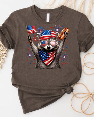 Raccoon 4th of July Tee wearing American flag sunglasses