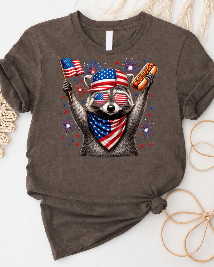Raccoon 4th of July Tee wearing American flag sunglasses