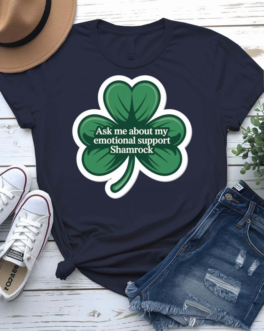 Ask Me About My Emotions St. Patrick's Day Tee with crying pint glass on model