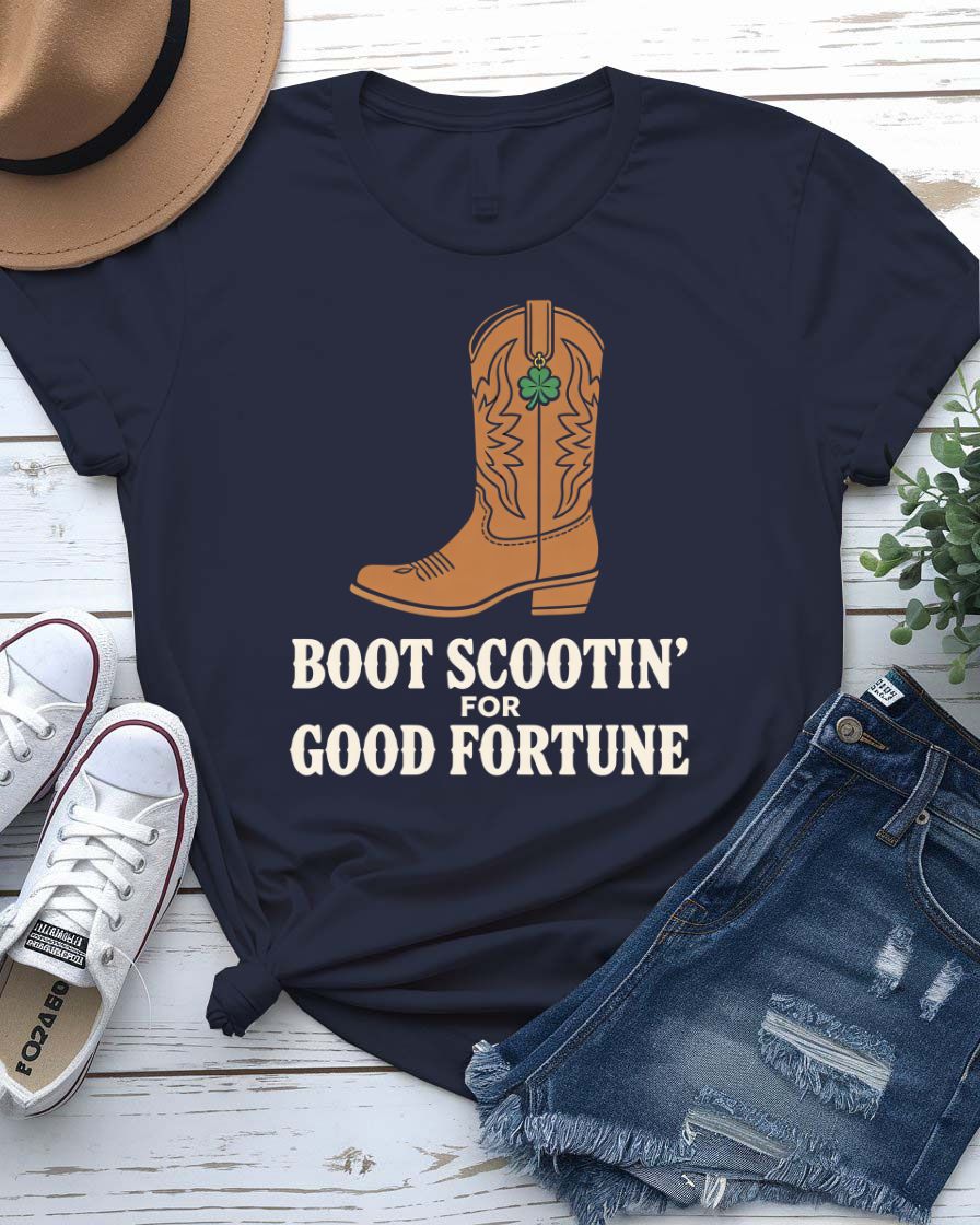 Boot Scootin' St. Patrick's Day Tee with dancing boots and shamrock trails on model
