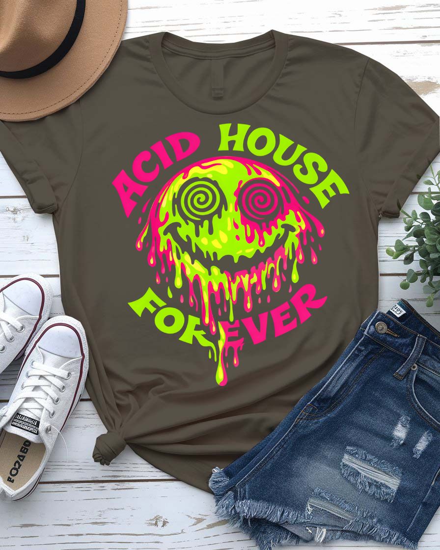Acid House Forever retro graphic t-shirt with classic smiley face design