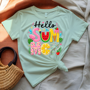 Hello Summer Tee with tropical leaves and floral design
