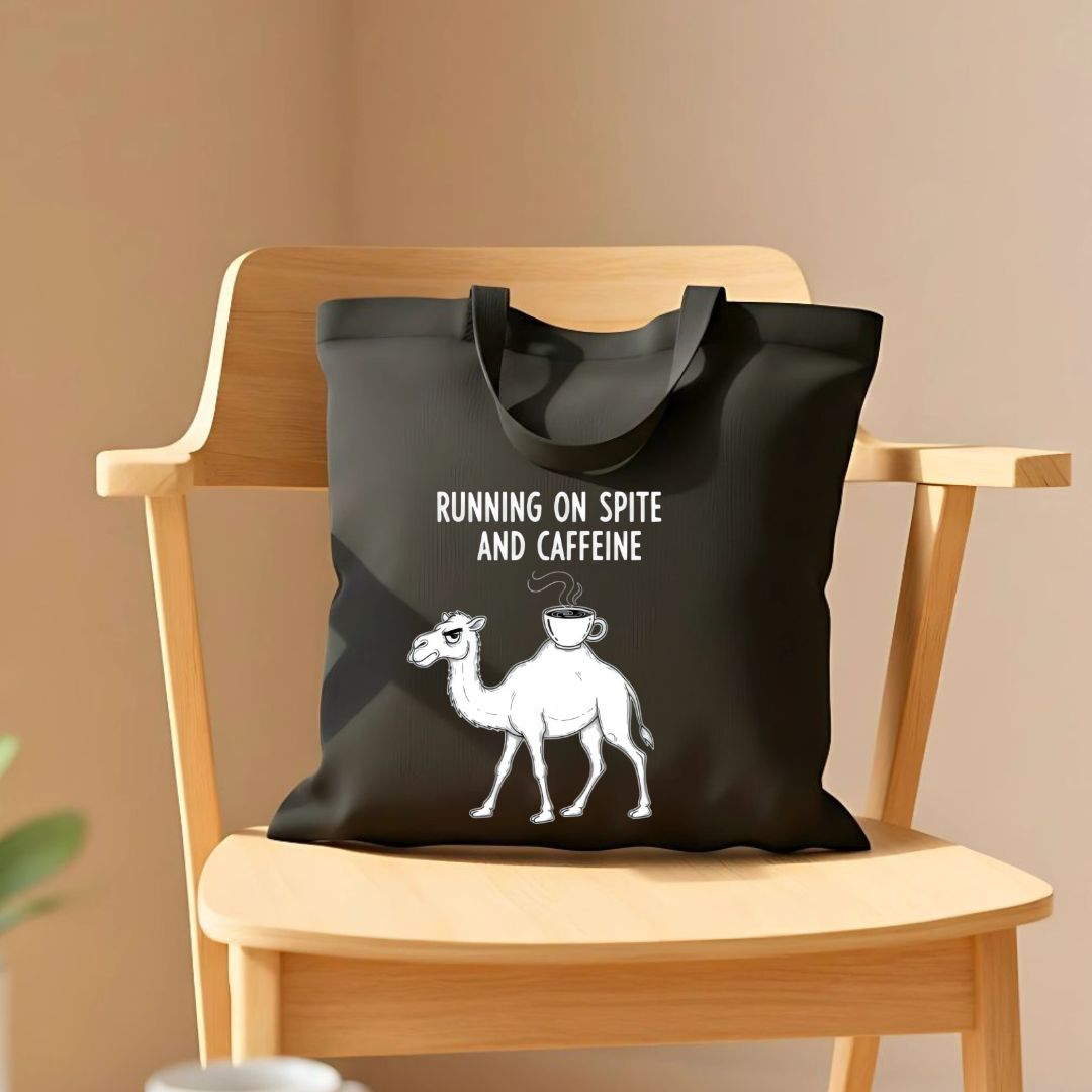 "Running on Spite and Caffeine" Funny Camel Meme Tote Bag