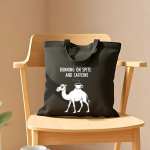 "Running on Spite and Caffeine" Funny Camel Meme Tote Bag