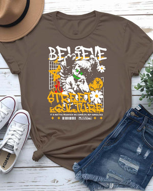 Believe Streetwear Tee with single candle flame on model
