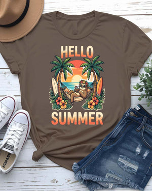 Hello summer tee smiling sun graphic front view