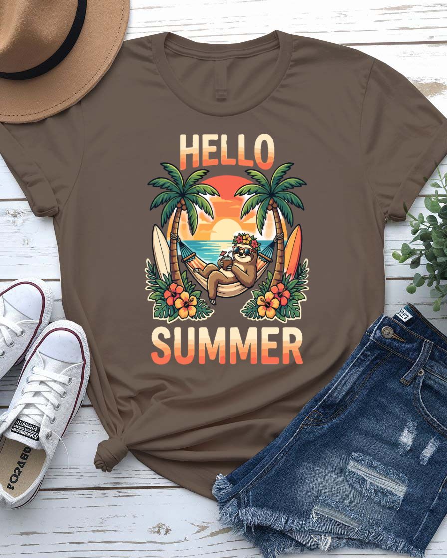 Hello summer tee smiling sun graphic front view