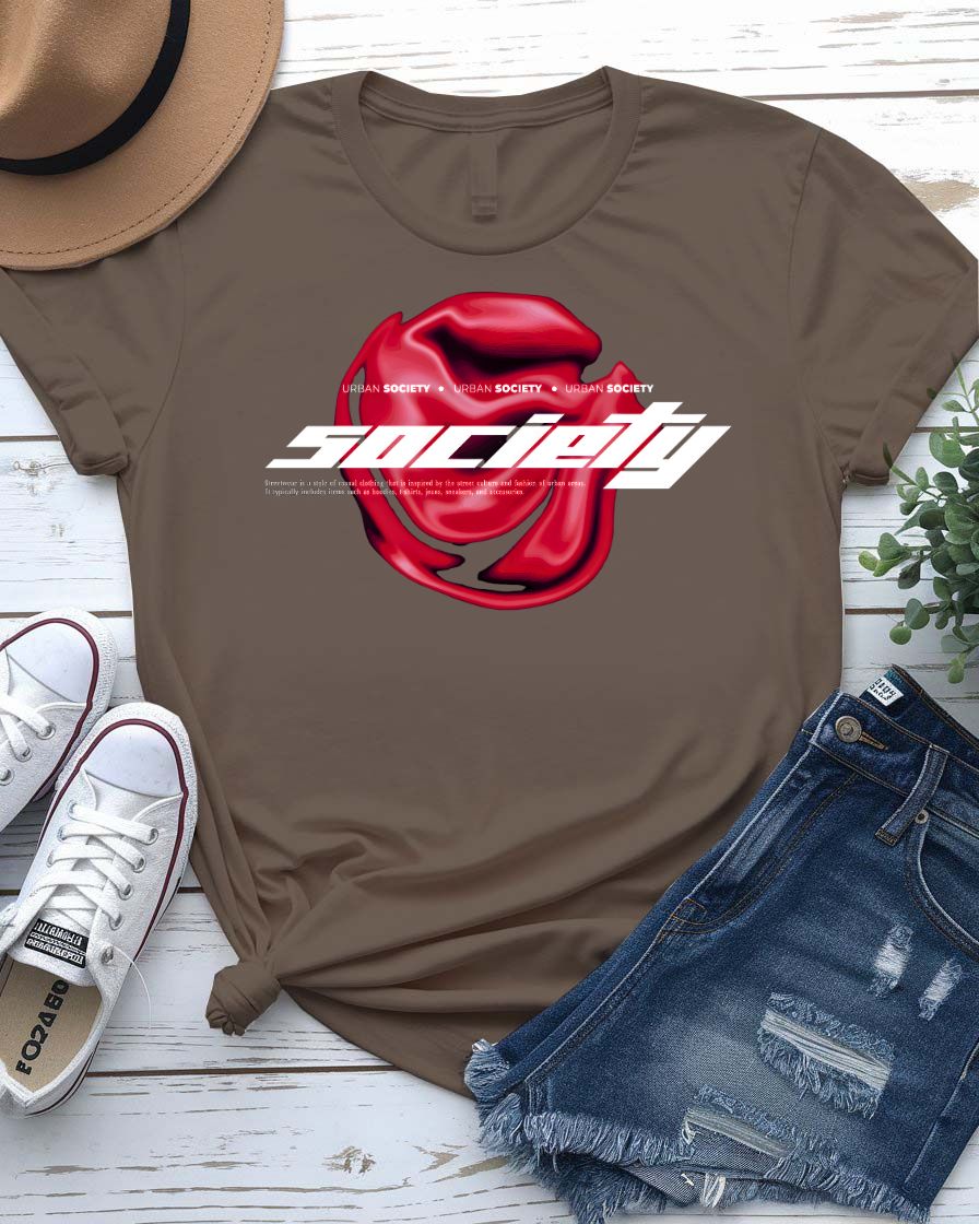 Society Streetwear Tee with lone figure walking away from crowd graphic on model