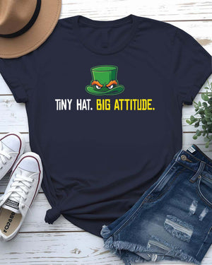 Tiny Hat Big Attitude St. Patrick's Day Tee with sassy leprechaun hat on model
