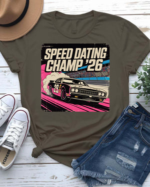 Speed Dating Champ T-Shirt with vintage trophy graphic and bold text
