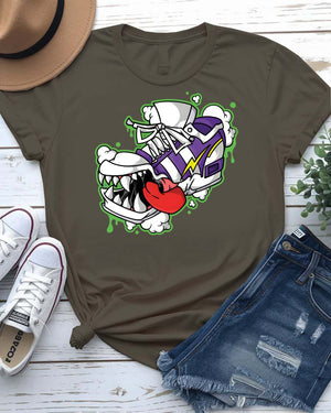 Shoes Bite Streetwear Tee with sneaker being bitten by concrete teeth on model