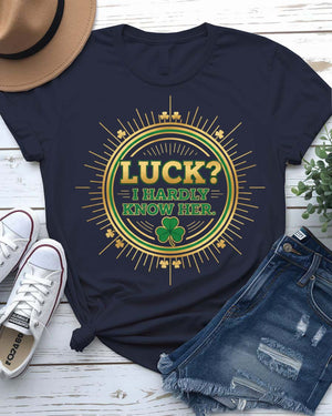 I Hardly Know Her St. Patrick's Day Tee with blushing shamrock on model