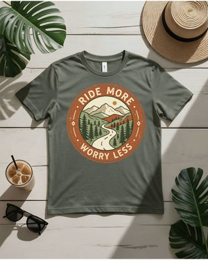 Ride more worry less tee motorcycle sunset highway graphic
