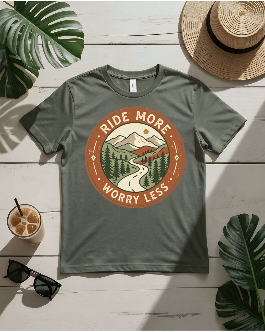 Ride more worry less tee motorcycle sunset highway graphic